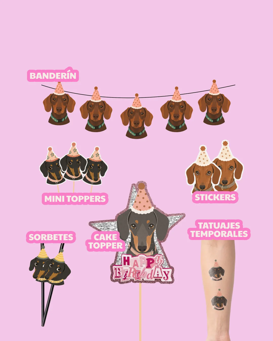 Collage «Kit celebración» de Chirimoya con banderín, stickers, mini toppers, cake topper, sorbetes y tatuajes temporales de temática perritos